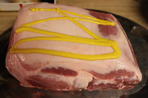 Mustard squirted onto meat